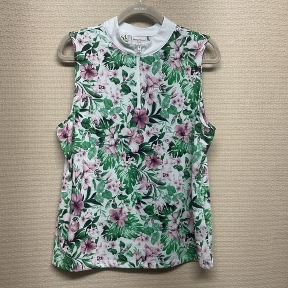 NWOT Tommy Bahama Golf Pink/Green Sands‎ Tropical Zip Tank Top Women XL Vietnam